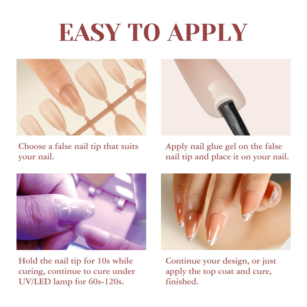 ROSALIND Deep Nude Almond Nail Tips – 200 Pcs Full Cover, 20 Sizes, Natural Brown