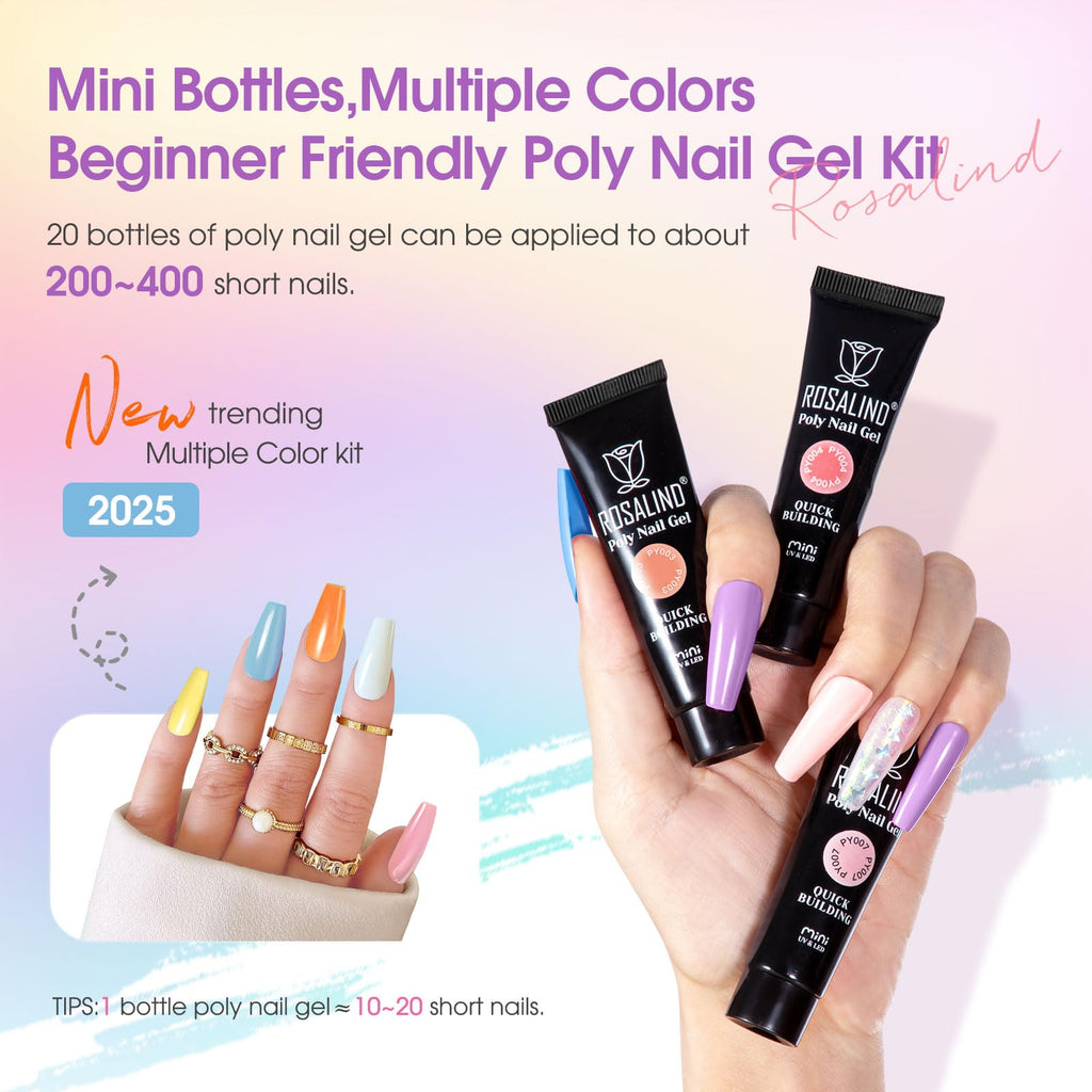 ROSALIND 20-Color Poly Nail Gel Kit with UV Lamp & Drill – Neon Starter Set