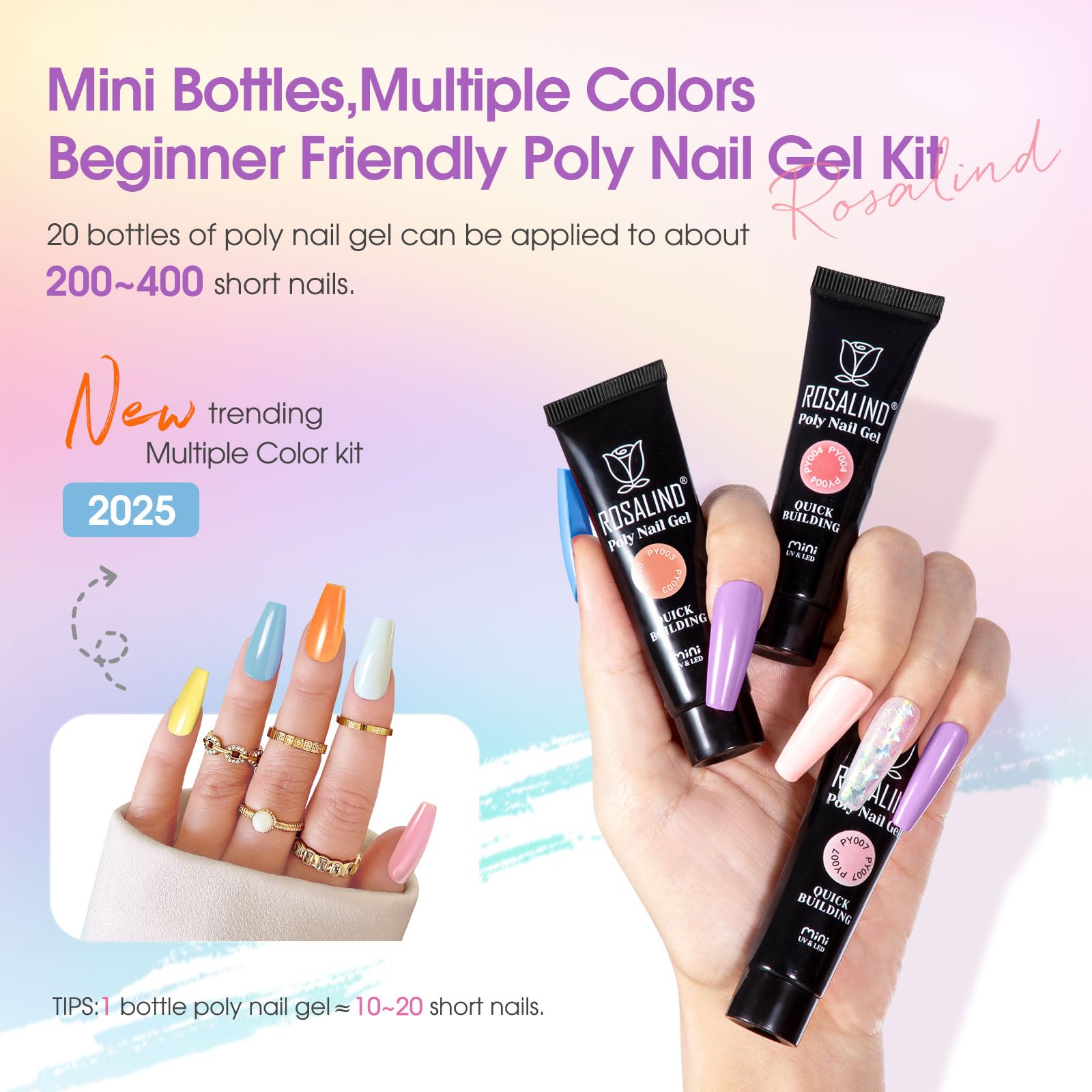 ROSALIND 20-Color Poly Nail Gel Kit with UV Lamp & Drill – Neon Starter Set