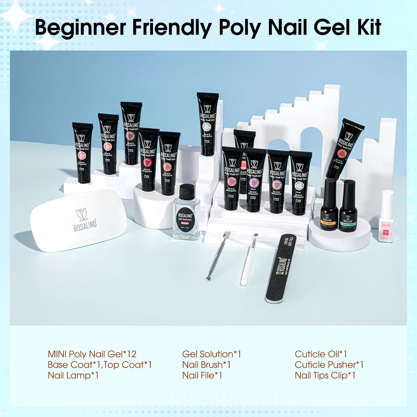 ROSALIND Pink Poly Nail Gel Kit – 12 Colors + Mini UV Lamp Starter Set