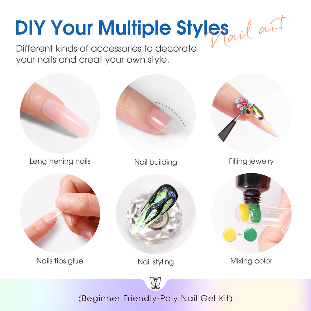 ROSALIND Poly Nail Gel Kit – 24 Neon Colors Starter Set with Mini UV Lamp & Accessories