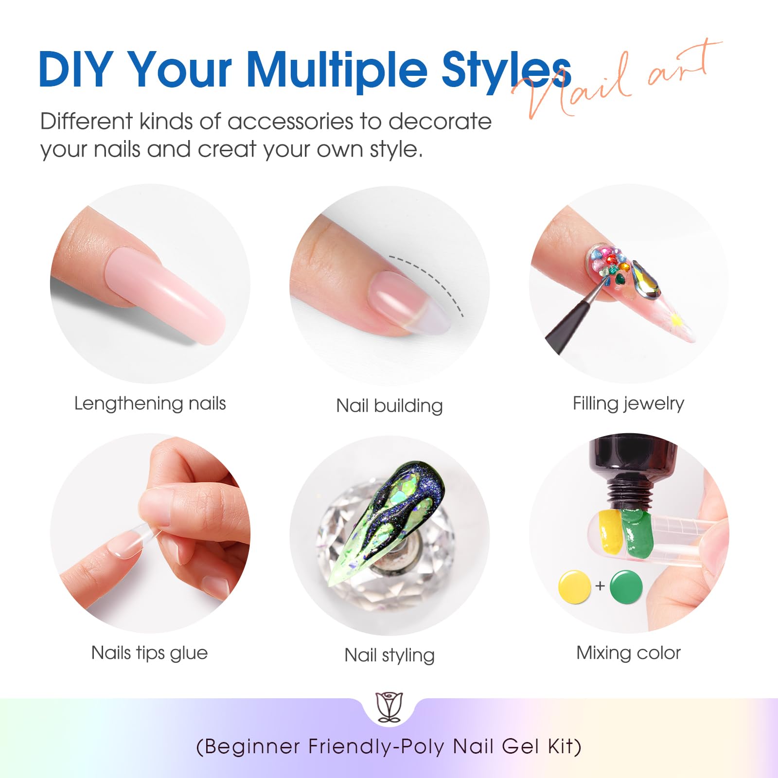 ROSALIND Poly Nail Gel Kit – 24 Neon Colors Starter Set with Mini UV Lamp & Accessories