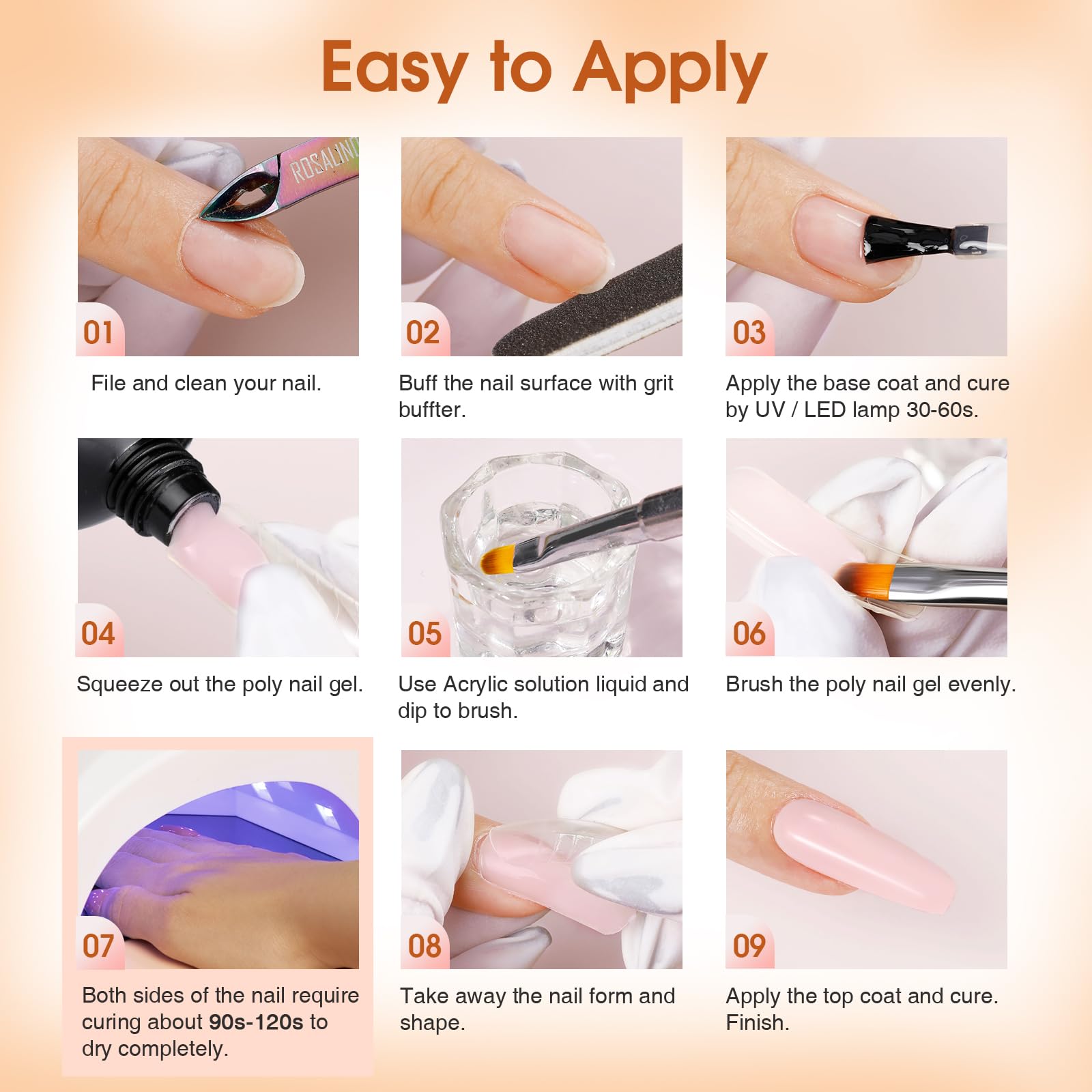 ROSALIND Poly Nail Gel Kit – 14 Colors, 72 Nail Art Accessories, Mini UV Lamp Starter Kit