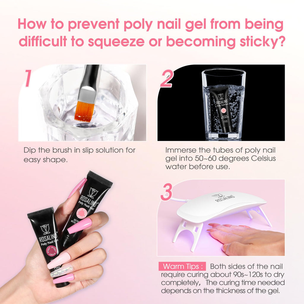 ROSALIND 14 Colors Poly Nail Gel Kit with Mini Nail Lamp – Pink & Brown
