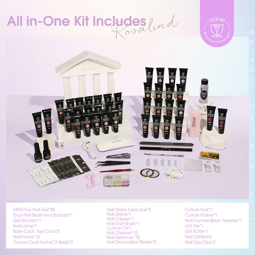 ROSALIND Poly Nail Gel Kit – 38 Classic Colors + 72 Nail Art Accessories | Mini UV Lamp Starter Kit