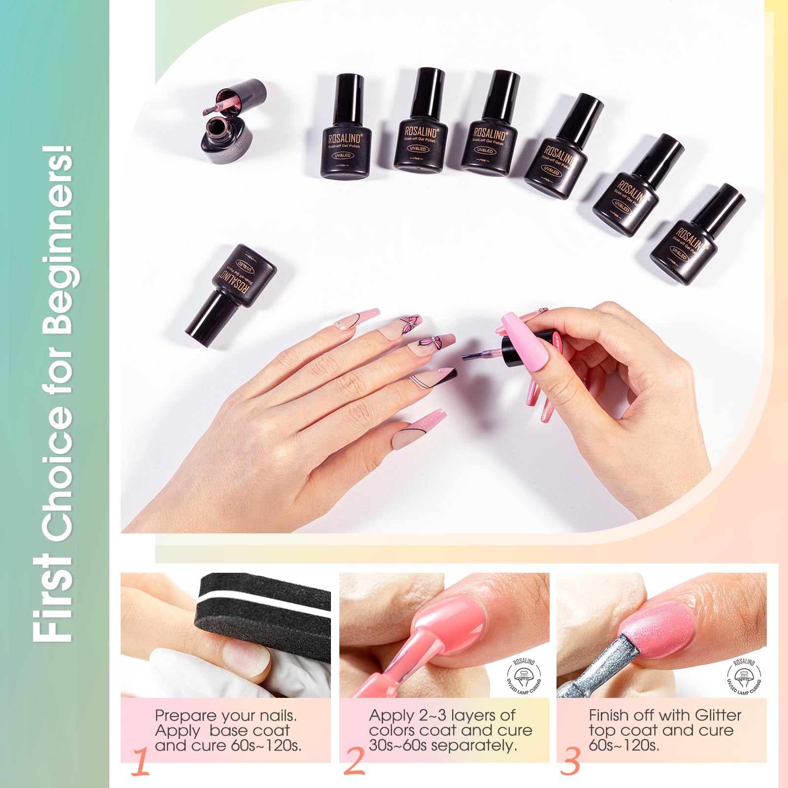 ROSALIND 65PCS Gel Nail Polish Set — 60 Glitter Colors with Base & Top Coats