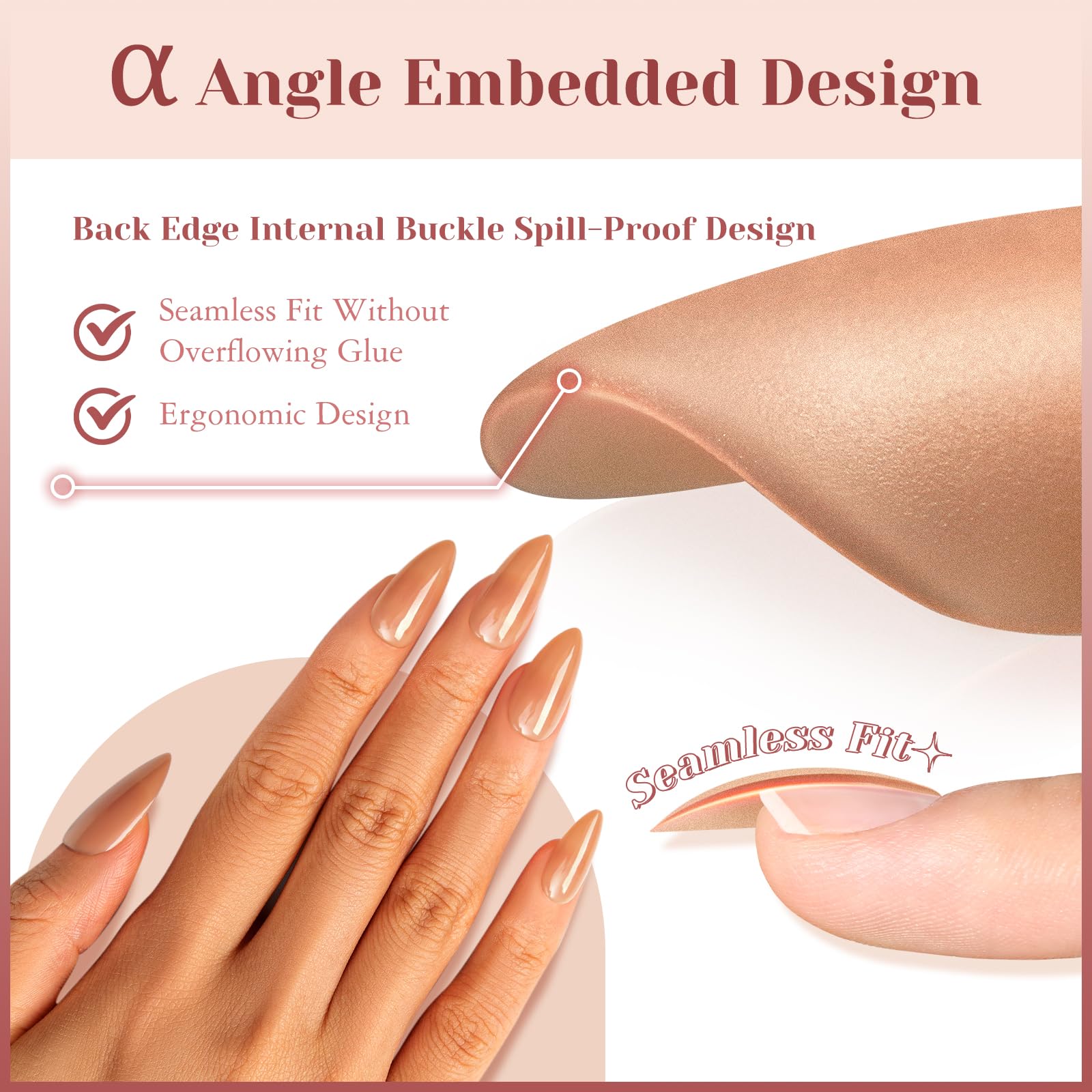 ROSALIND Deep Nude Almond Nail Tips – 200 Pcs Full Cover, 20 Sizes, Natural Brown
