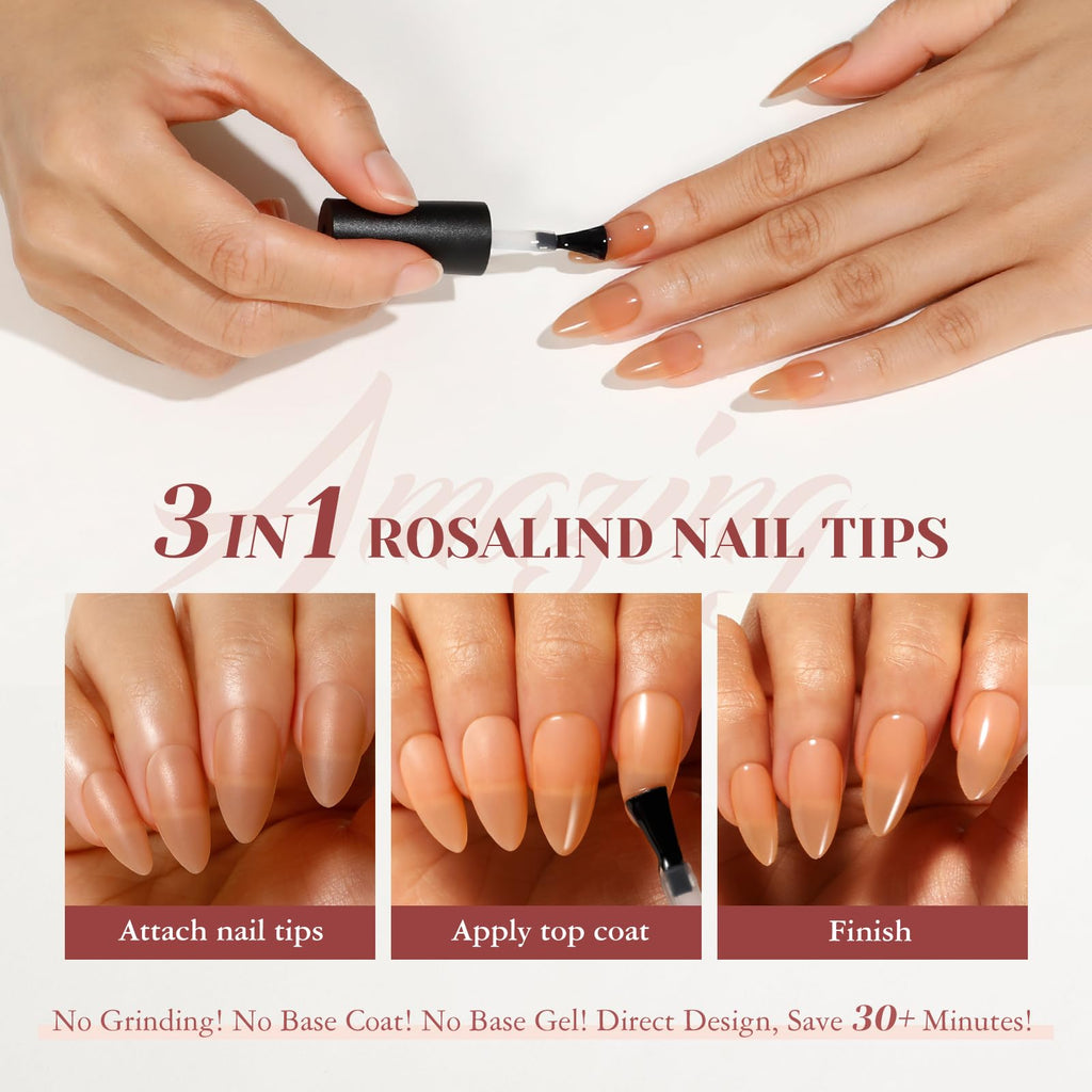 ROSALIND Deep Nude Almond Nail Tips – 200 Pcs Full Cover, 20 Sizes, Natural Brown