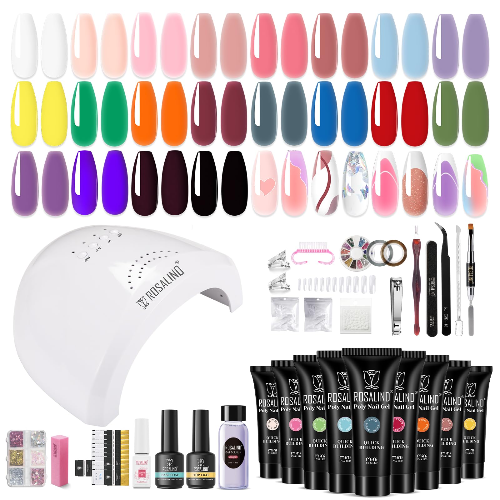 ROSALIND 20-Color Poly Nail Gel Kit with UV Lamp & Drill – Neon Starter Set