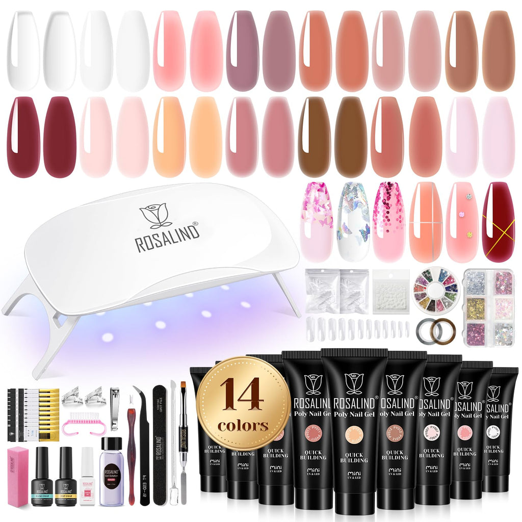 ROSALIND Poly Nail Gel Kit – 14 Colors, 72 Nail Art Accessories, Mini UV Lamp Starter Kit