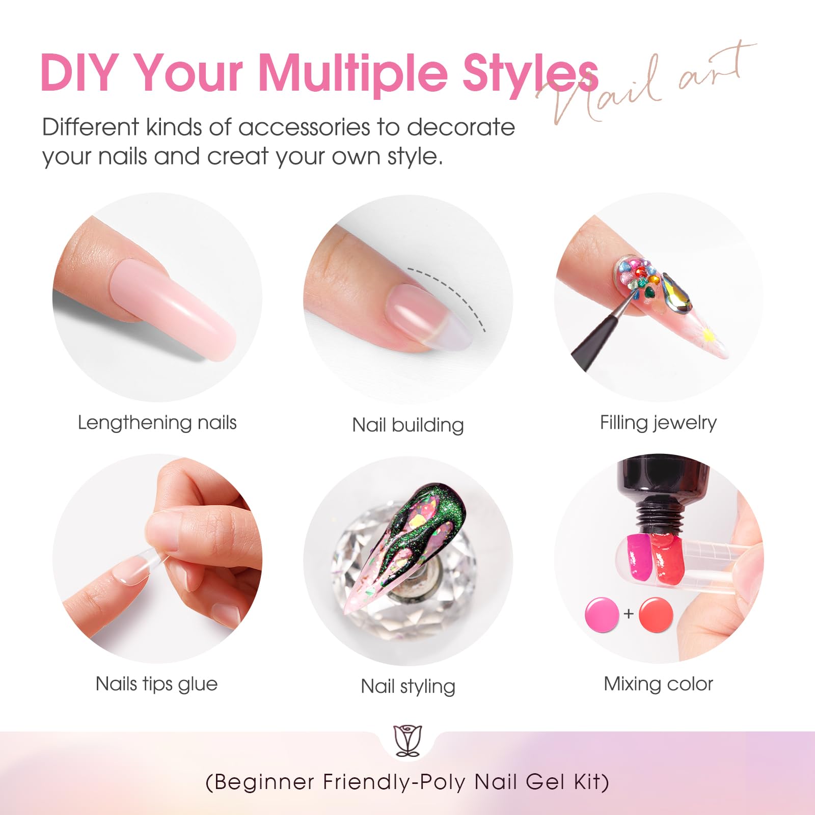 ROSALIND Colorful Poly Nail Gel Kit – 34 Colors + Neon Accessories + Mini UV Lamp