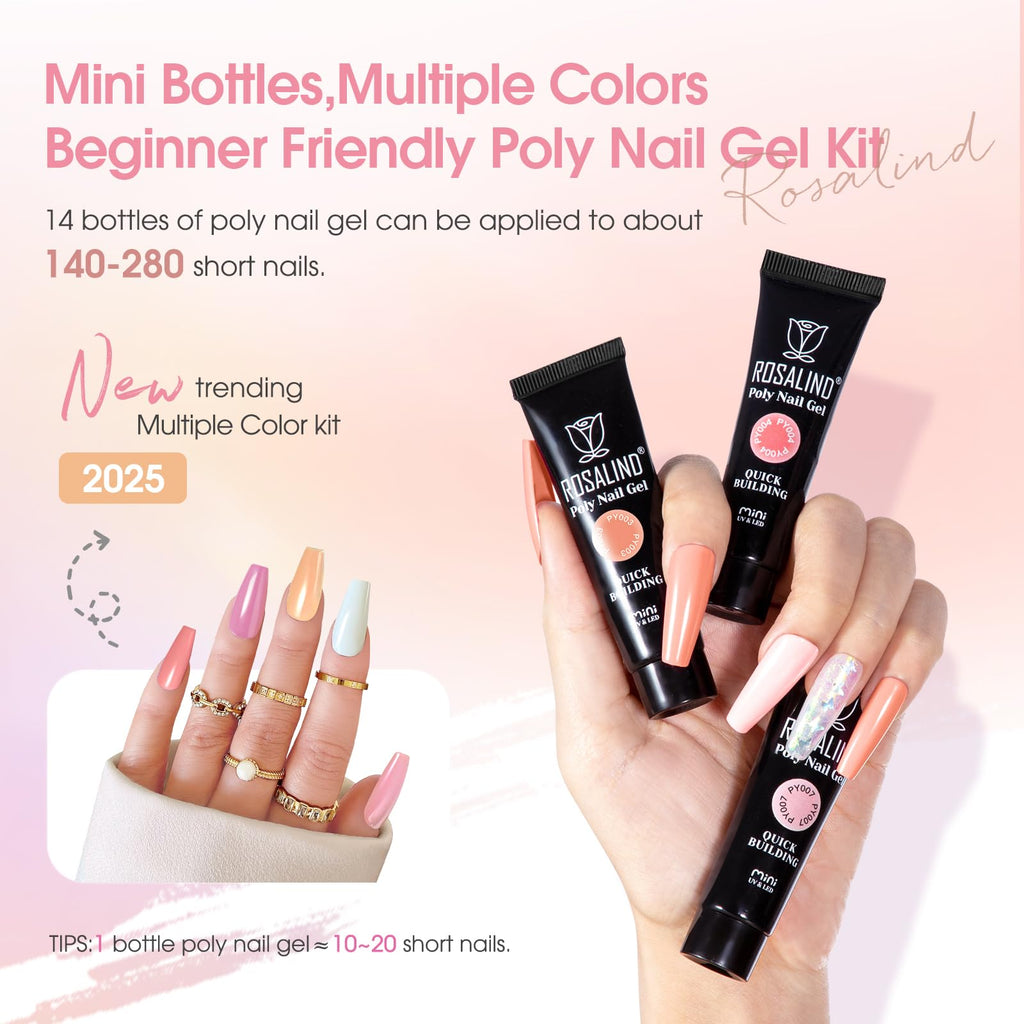 ROSALIND Poly Nail Gel Kit – 14 Colors + 72 Nail Art Accessories + Mini UV Lamp