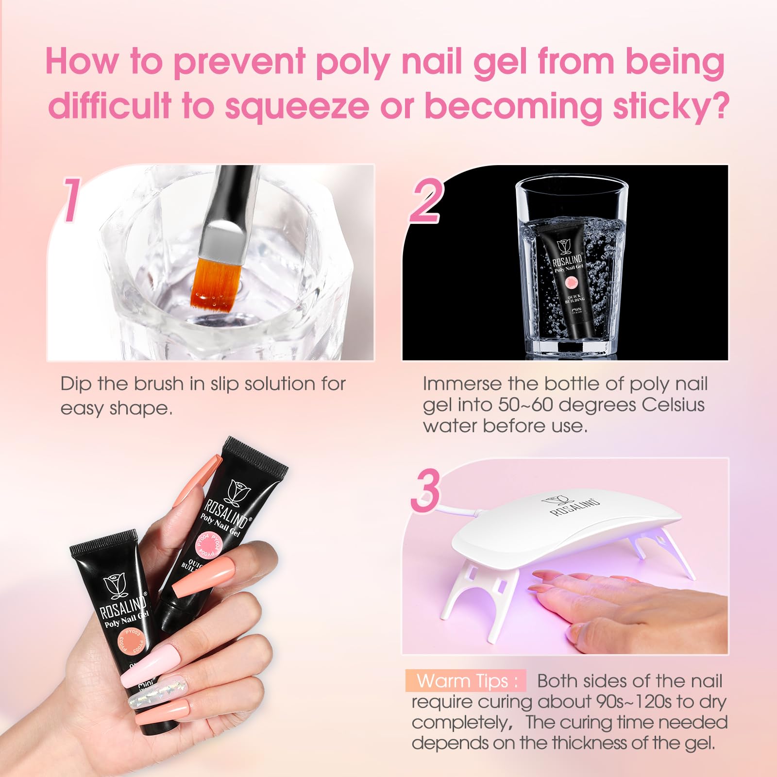 ROSALIND Colorful Poly Nail Gel Kit – 34 Colors + Neon Accessories + Mini UV Lamp