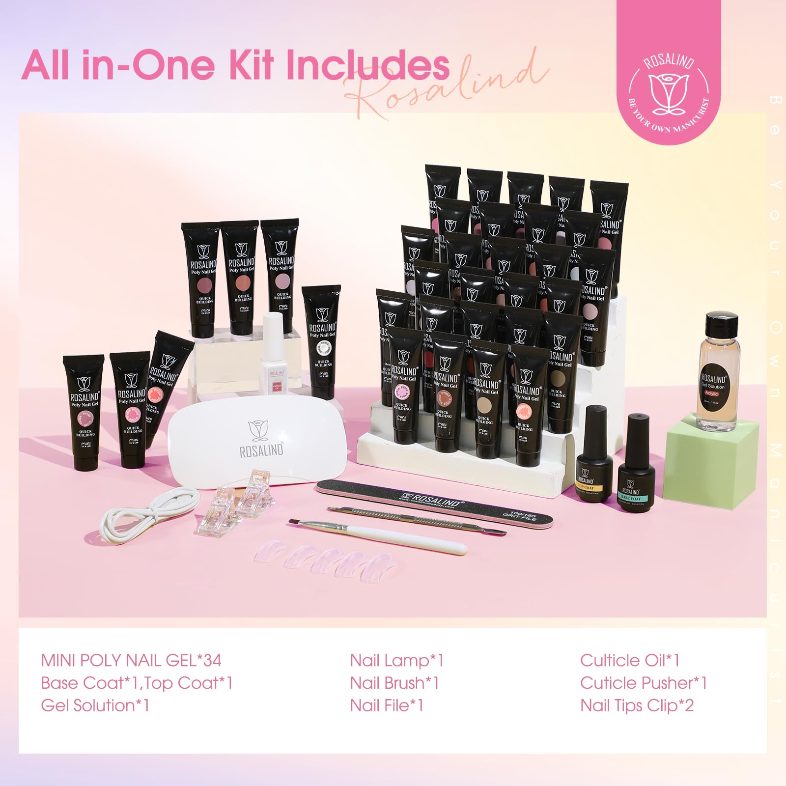ROSALIND Colorful Poly Nail Gel Kit – 34 Colors + Neon Accessories + Mini UV Lamp