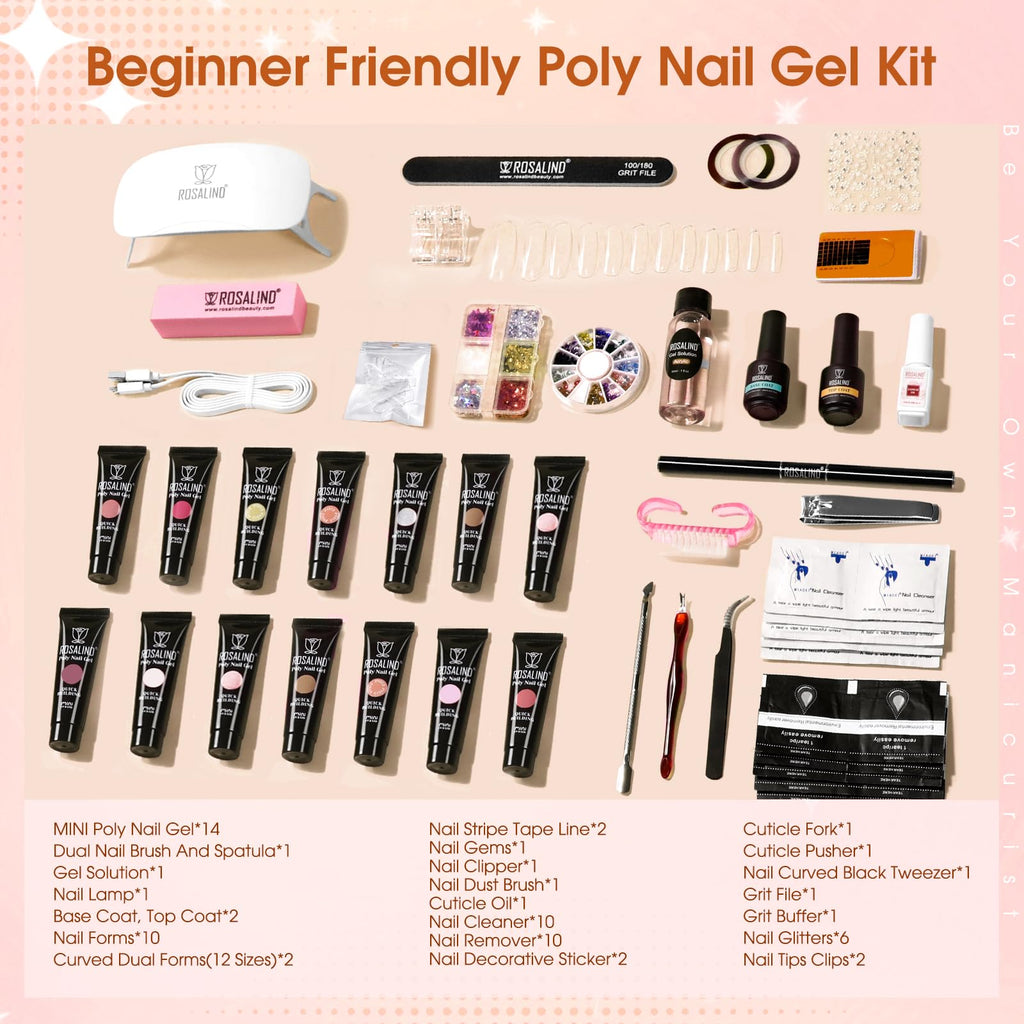 ROSALIND Poly Nail Gel Kit – 14 Colors, 72 Nail Art Accessories, Mini UV Lamp Starter Kit