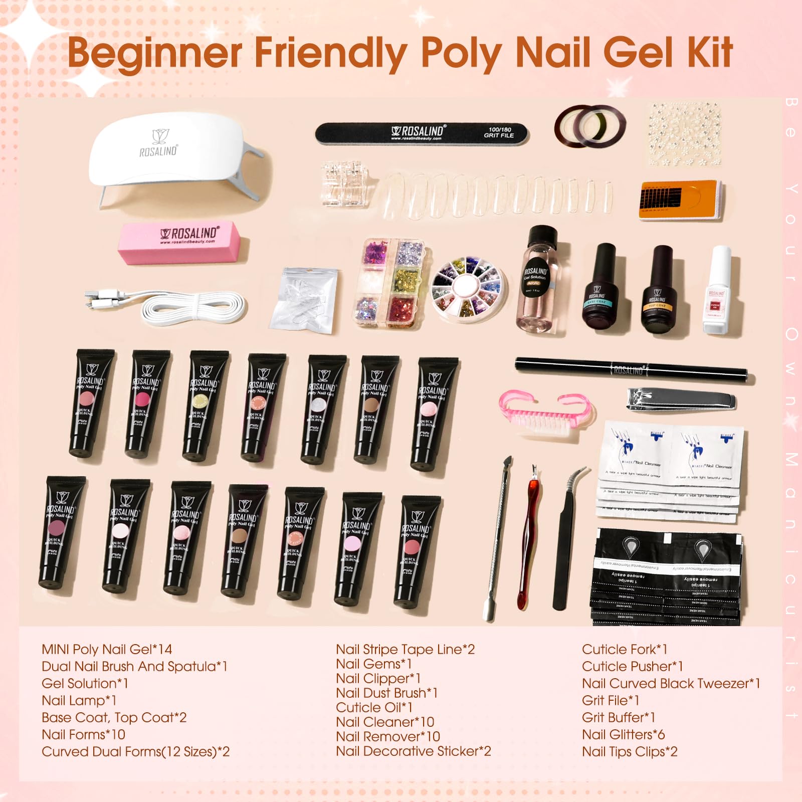 ROSALIND Poly Nail Gel Kit – 14 Colors, 72 Nail Art Accessories, Mini UV Lamp Starter Kit