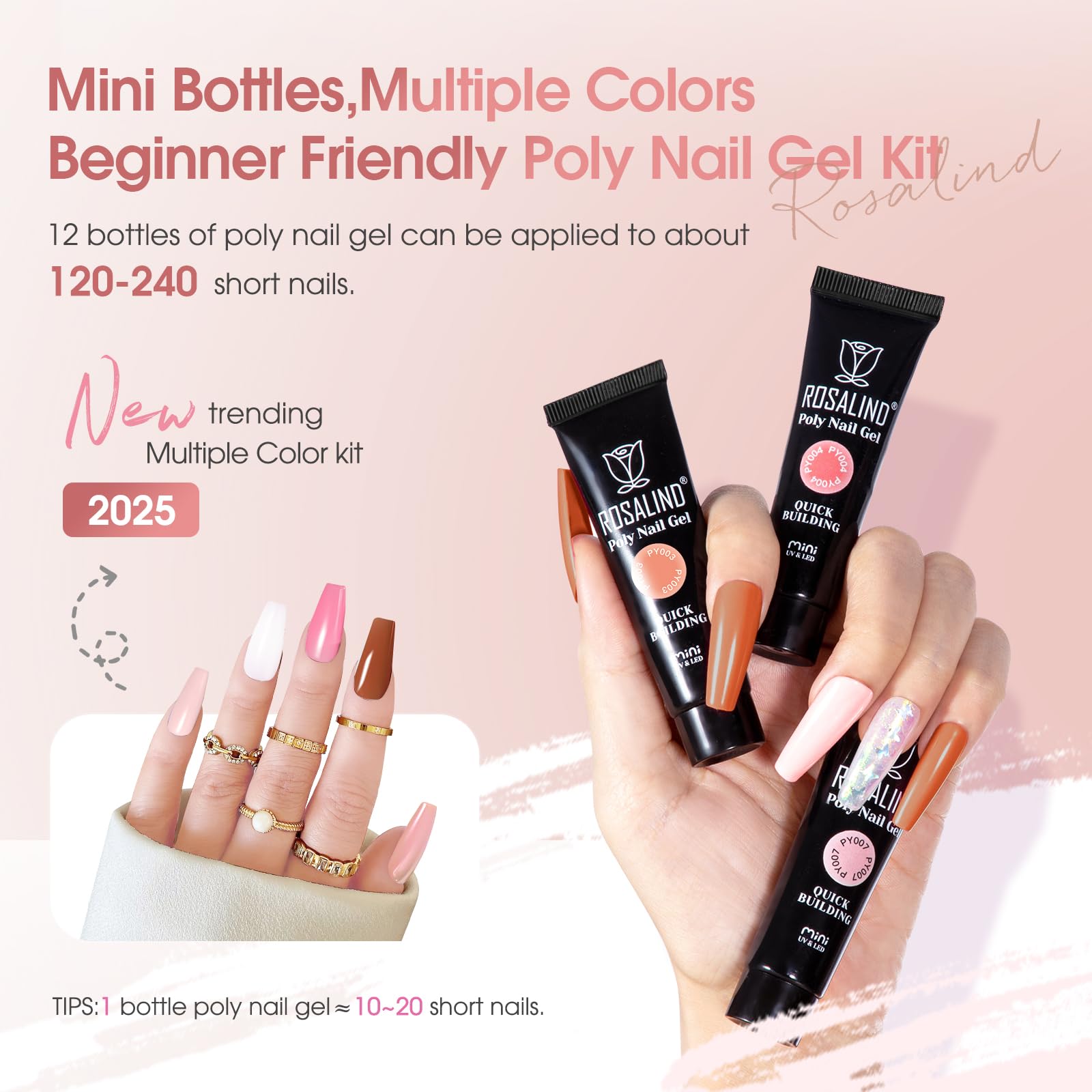 ROSALIND 12-Piece Pink & Brown Christmas Poly Nail Gel Kit + Mini Nail Lamp