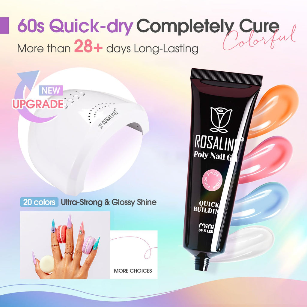 ROSALIND 20-Color Poly Nail Gel Kit with UV Lamp & Drill – Neon Starter Set