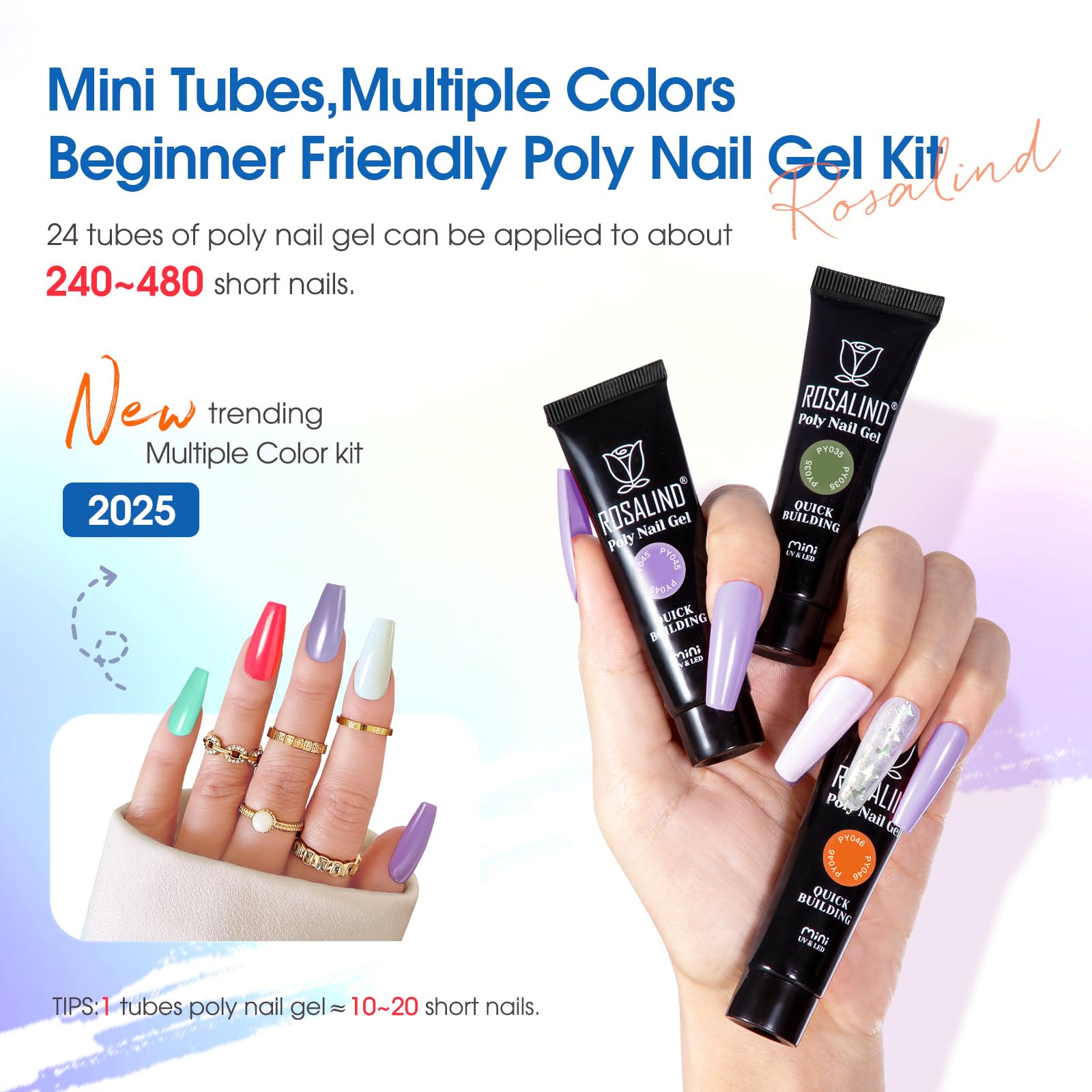 ROSALIND Poly Nail Gel Kit – 24 Neon Colors Starter Set with Mini UV Lamp & Accessories
