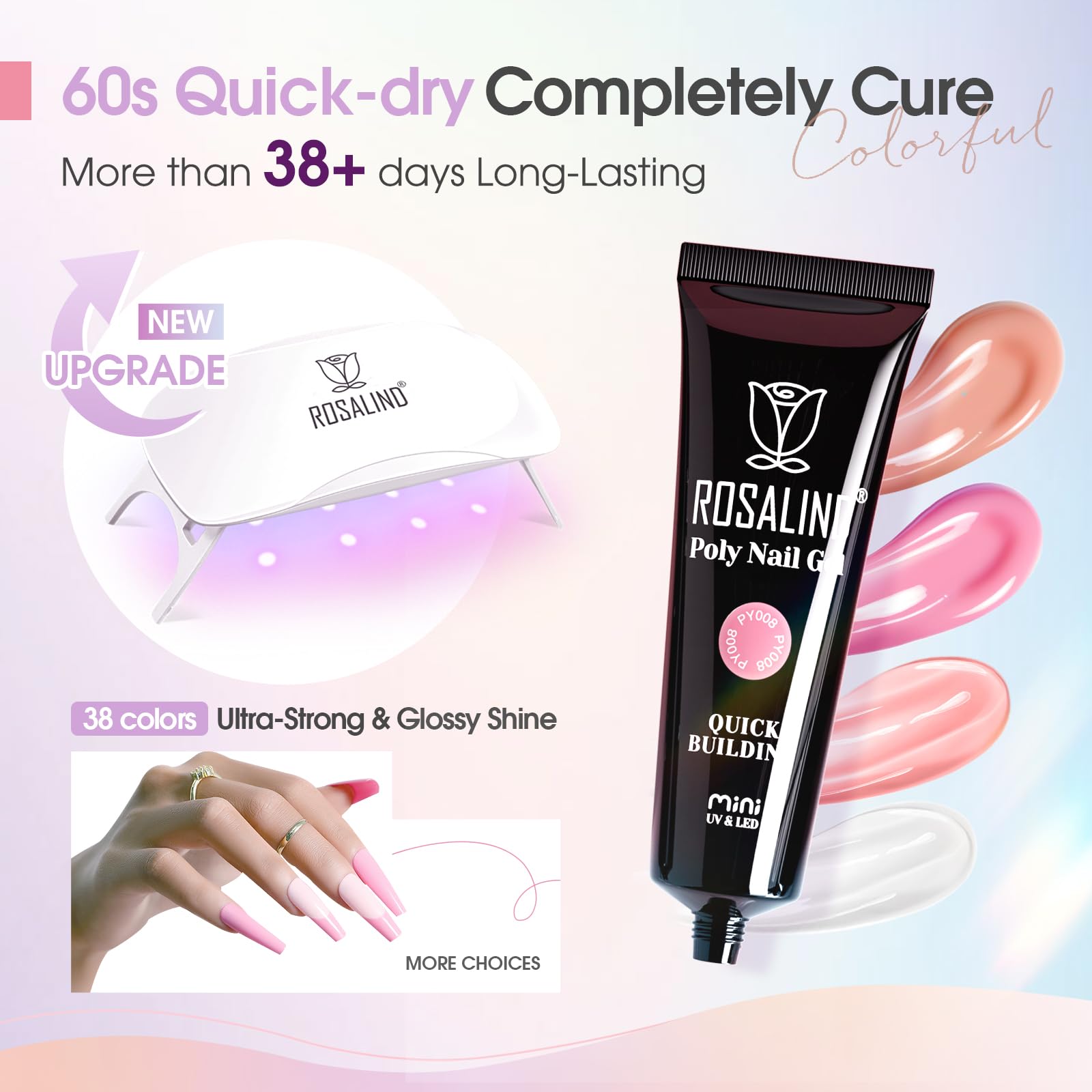 ROSALIND Poly Nail Gel Kit – 38 Classic Colors + 72 Nail Art Accessories | Mini UV Lamp Starter Kit