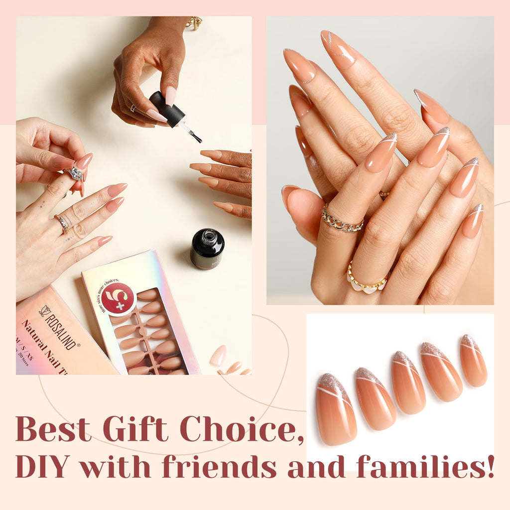 ROSALIND Deep Nude Almond Nail Tips – 200 Pcs Full Cover, 20 Sizes, Natural Brown