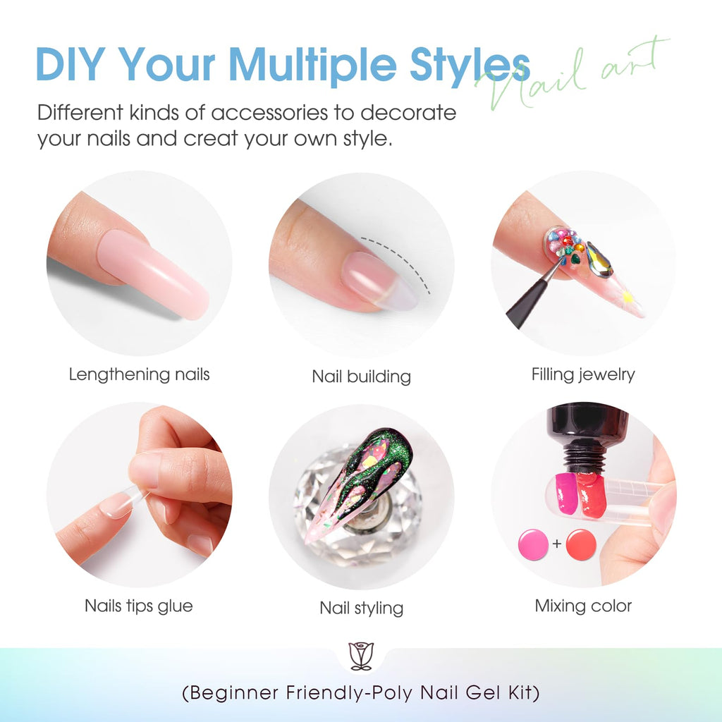 ROSALIND 12 Colors Poly Nail Gel Kit with Mini Nail Lamp – Beginner Friendly Builder Set