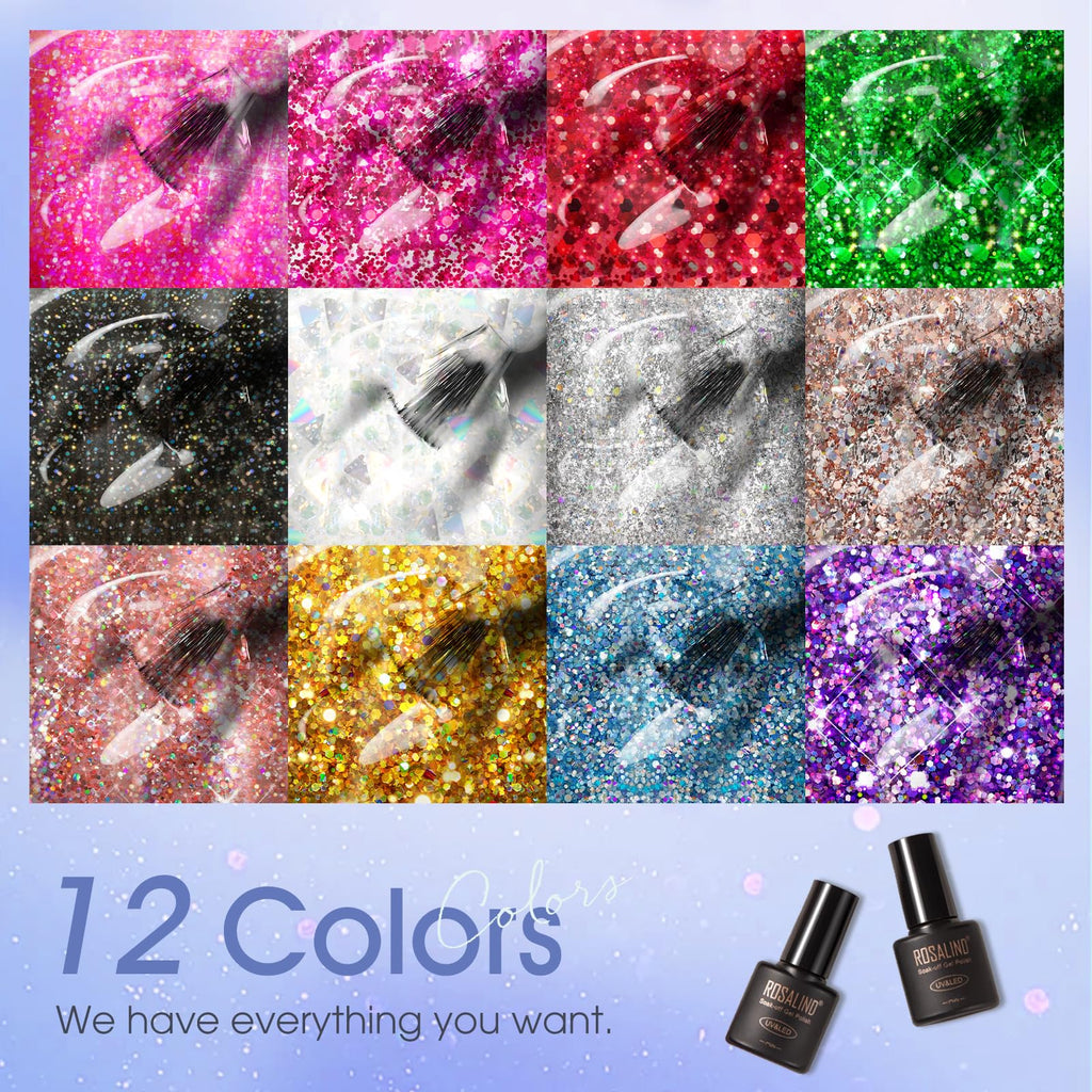 ROSALIND Glitter Gel Nail Polish – 12-Color Sparkle Gel Set for Nail Art