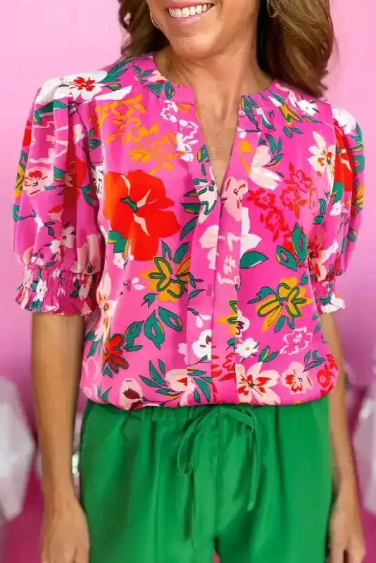 Rose Floral Split V-Neck Puff Sleeve Blouse Women UK