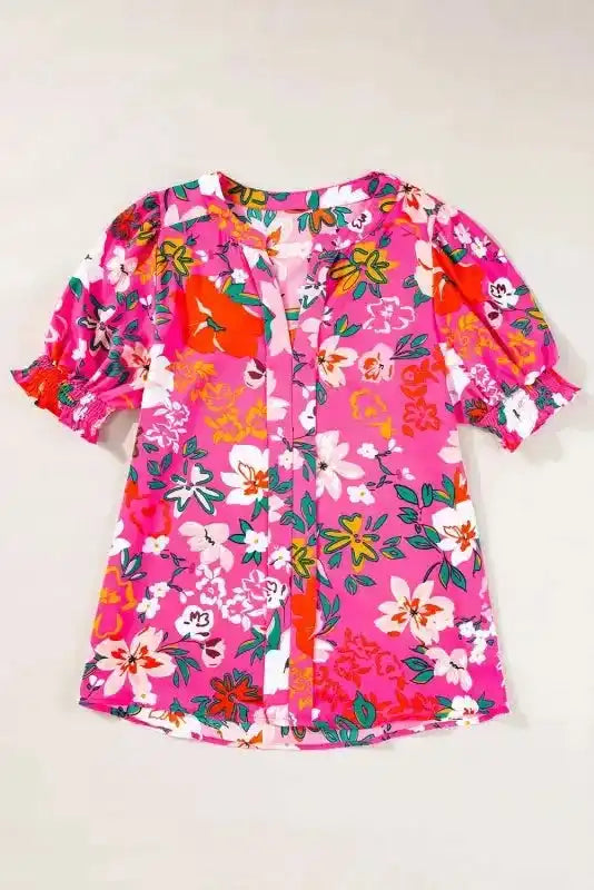 Rose Floral Split V-Neck Puff Sleeve Blouse Women UK