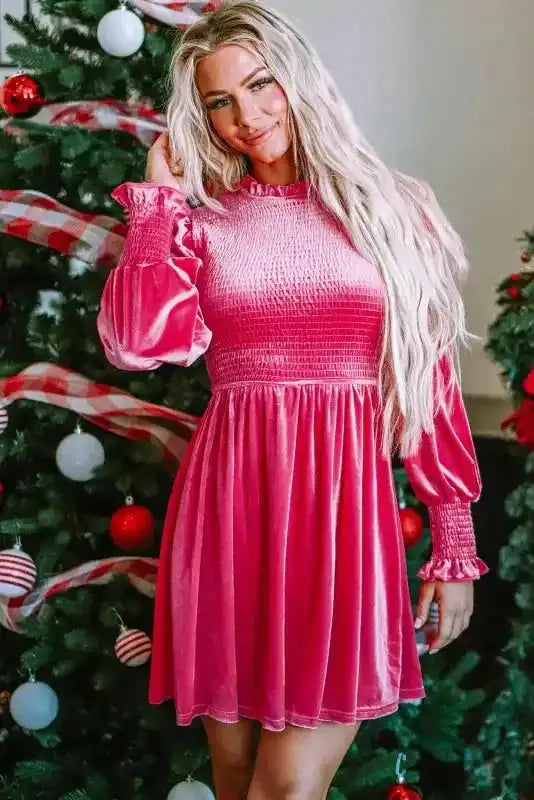 Pink Frilled Neck Smocked Velvet Dress Women UK