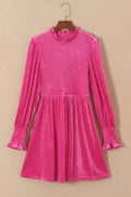 Pink Frilled Neck Smocked Velvet Dress Women UK