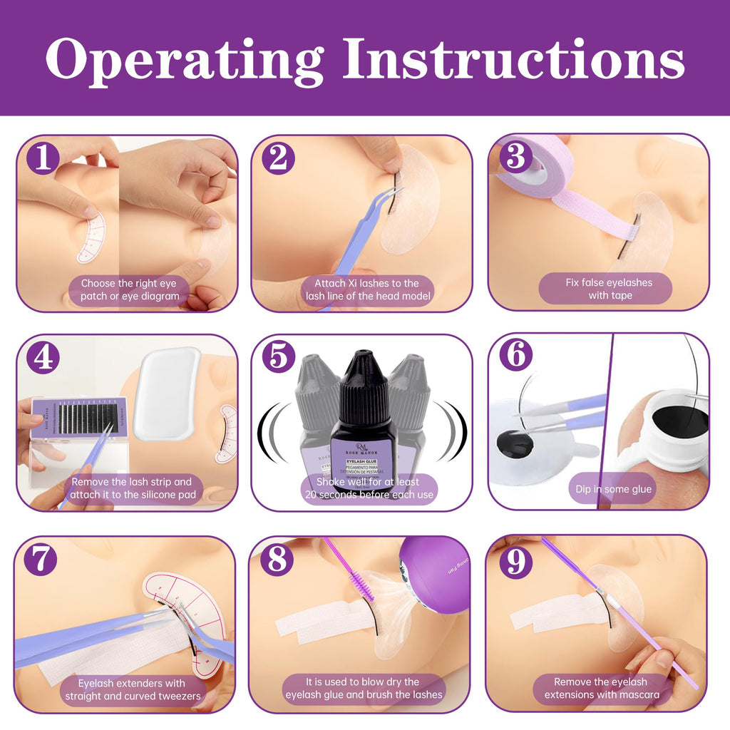 Rose Manor Lash Extension Kit for Beginners | Mannequin Head & Training Tools