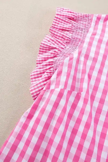 Rose Red Checkered Frilled Neck Ruffled Sleeve Shift Blouse Women UK