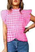Rose Red Checkered Frilled Neck Ruffled Sleeve Shift Blouse Women UK