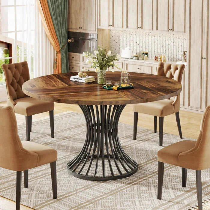 Modern Round Dining Table - Walnut Pedestal Base & Parquet Top