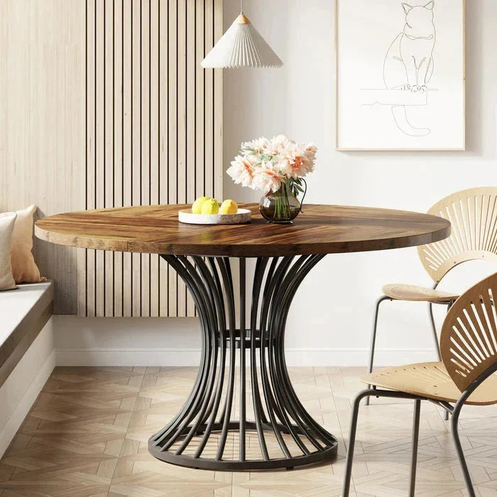 Modern Round Dining Table - Walnut Pedestal Base & Parquet Top