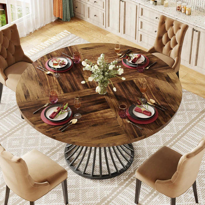 Modern Round Dining Table - Walnut Pedestal Base & Parquet Top