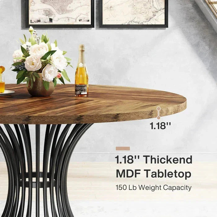 Modern Round Dining Table - Walnut Pedestal Base & Parquet Top