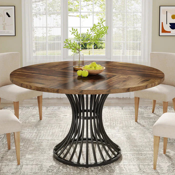Modern Round Dining Table - Walnut Pedestal Base & Parquet Top