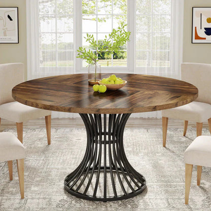Modern Round Dining Table - Walnut Pedestal Base & Parquet Top