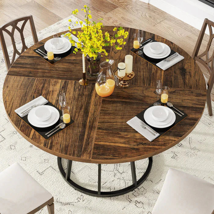 Round Modern Walnut Dining Table - Architectural Pedestal Base & Parquet Top
