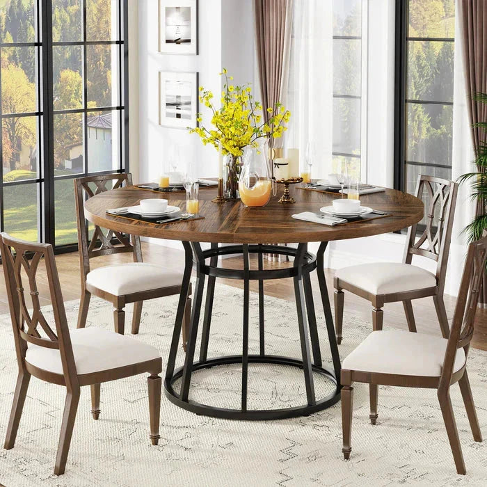 Round Modern Walnut Dining Table - Architectural Pedestal Base & Parquet Top