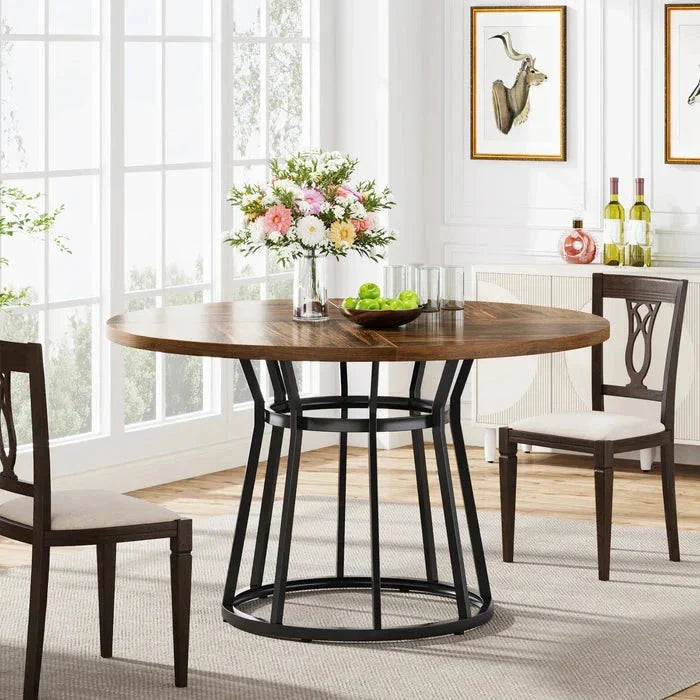 Round Modern Walnut Dining Table - Architectural Pedestal Base & Parquet Top
