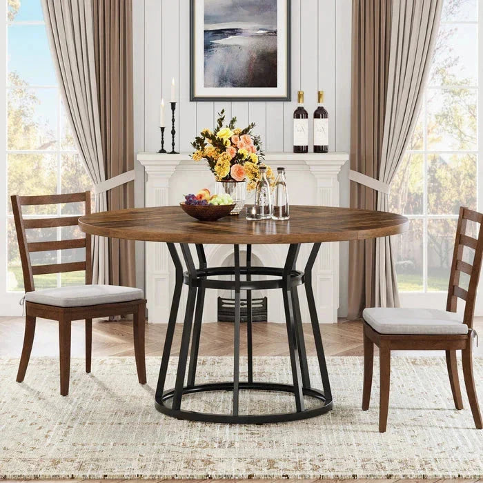Round Modern Walnut Dining Table - Architectural Pedestal Base & Parquet Top
