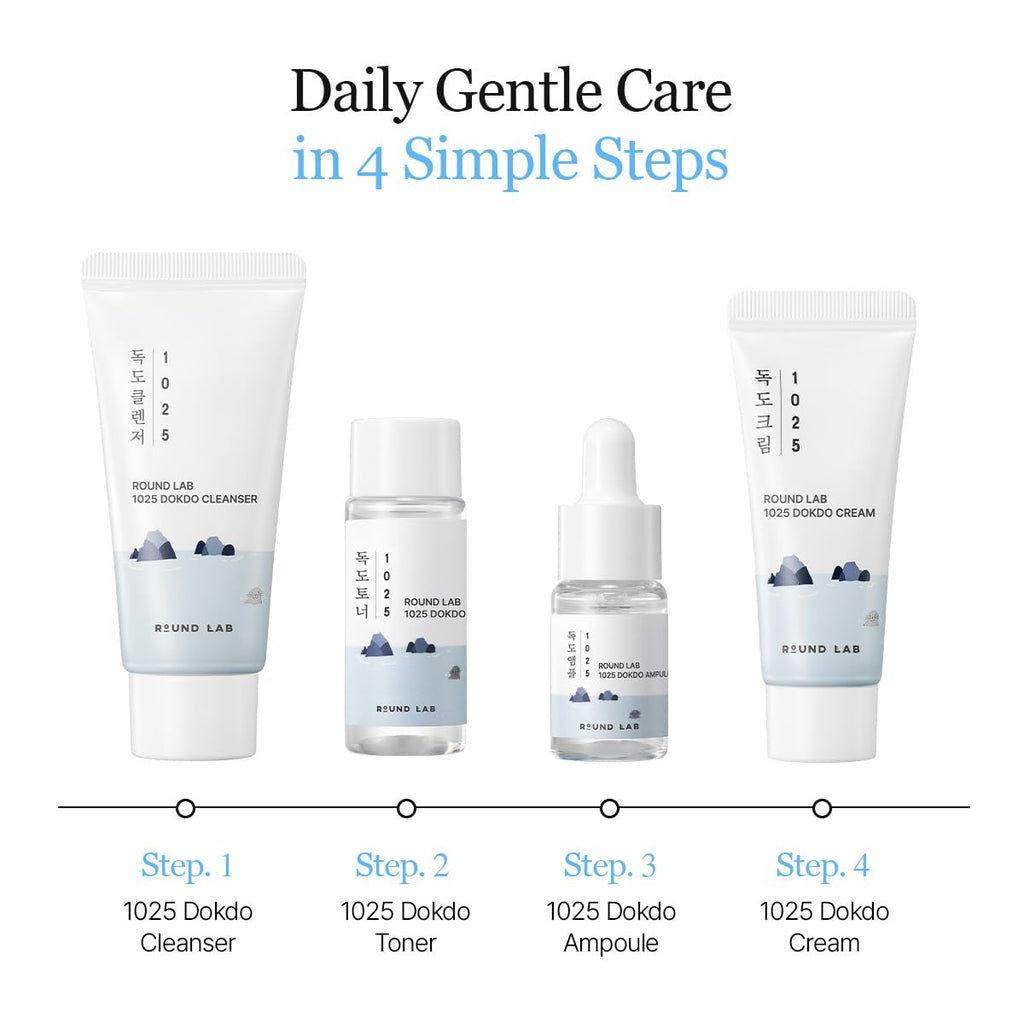ROUND LAB 1025 Dokdo Hydrating Mini Size Kit – 4-Step Travel Skincare Set (Cleanser, Toner, Ampule, Cream)