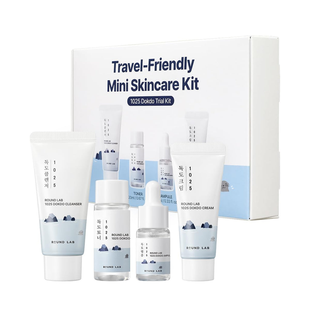 ROUND LAB 1025 Dokdo Hydrating Mini Size Kit – 4-Step Travel Skincare Set (Cleanser, Toner, Ampule, Cream)