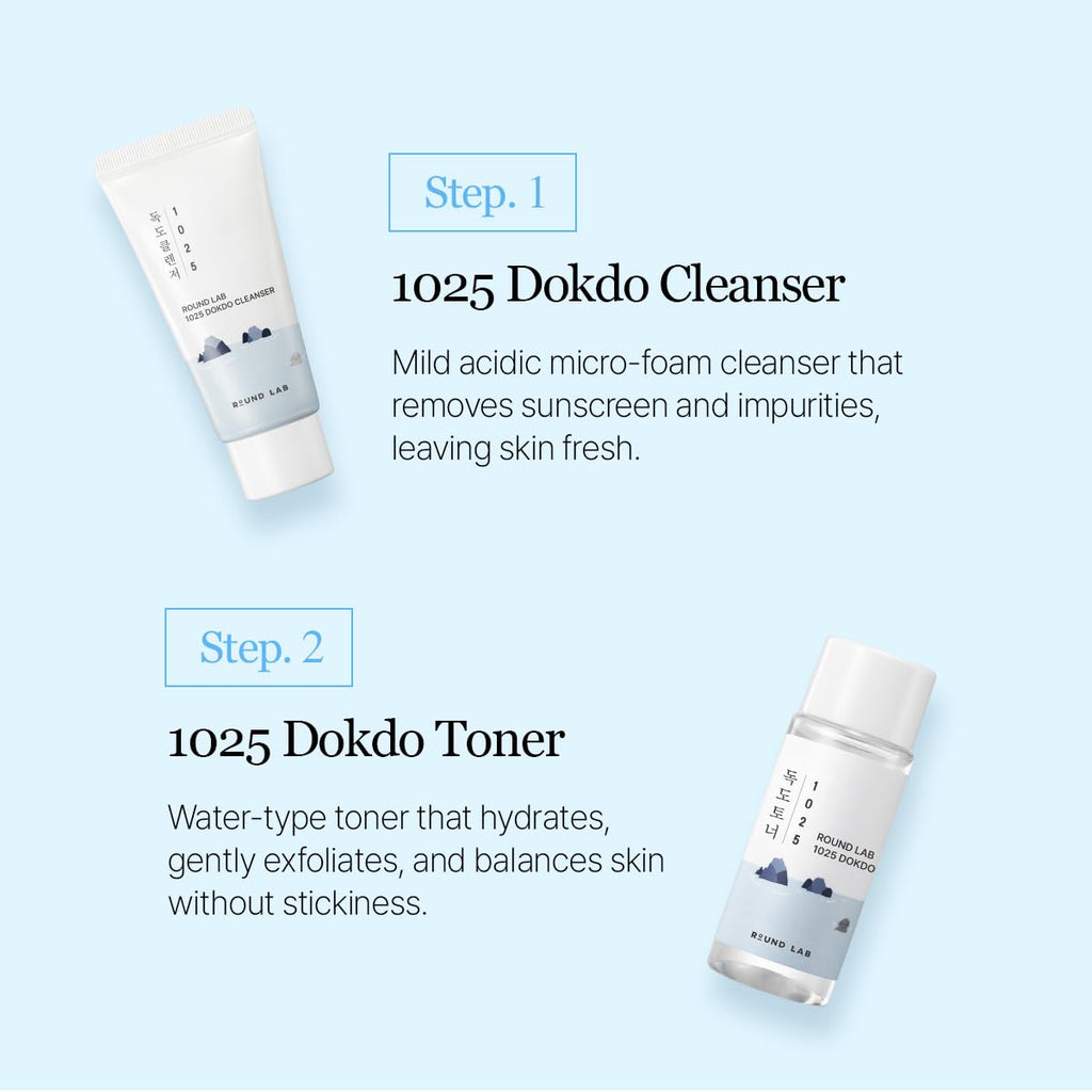 ROUND LAB 1025 Dokdo Hydrating Mini Size Kit – 4-Step Travel Skincare Set (Cleanser, Toner, Ampule, Cream)