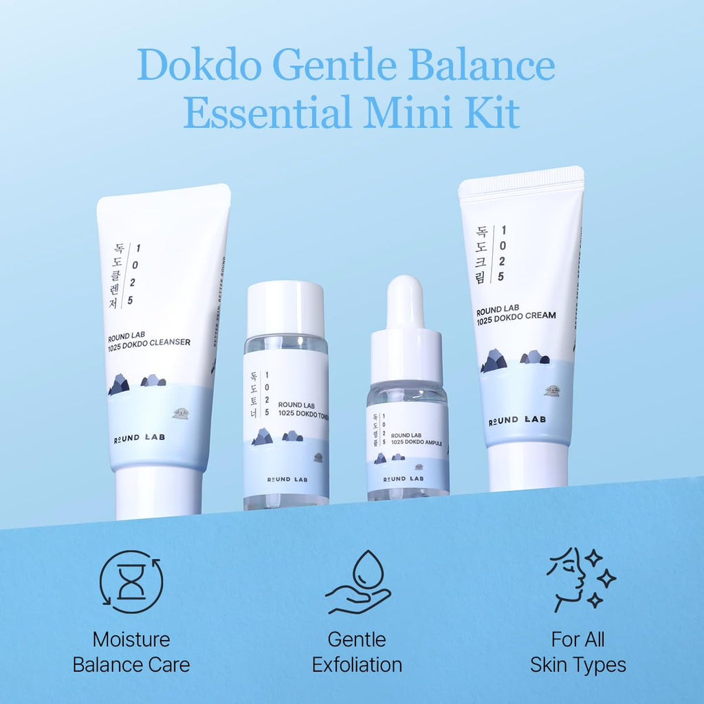 ROUND LAB 1025 Dokdo Hydrating Mini Size Kit – 4-Step Travel Skincare Set (Cleanser, Toner, Ampule, Cream)