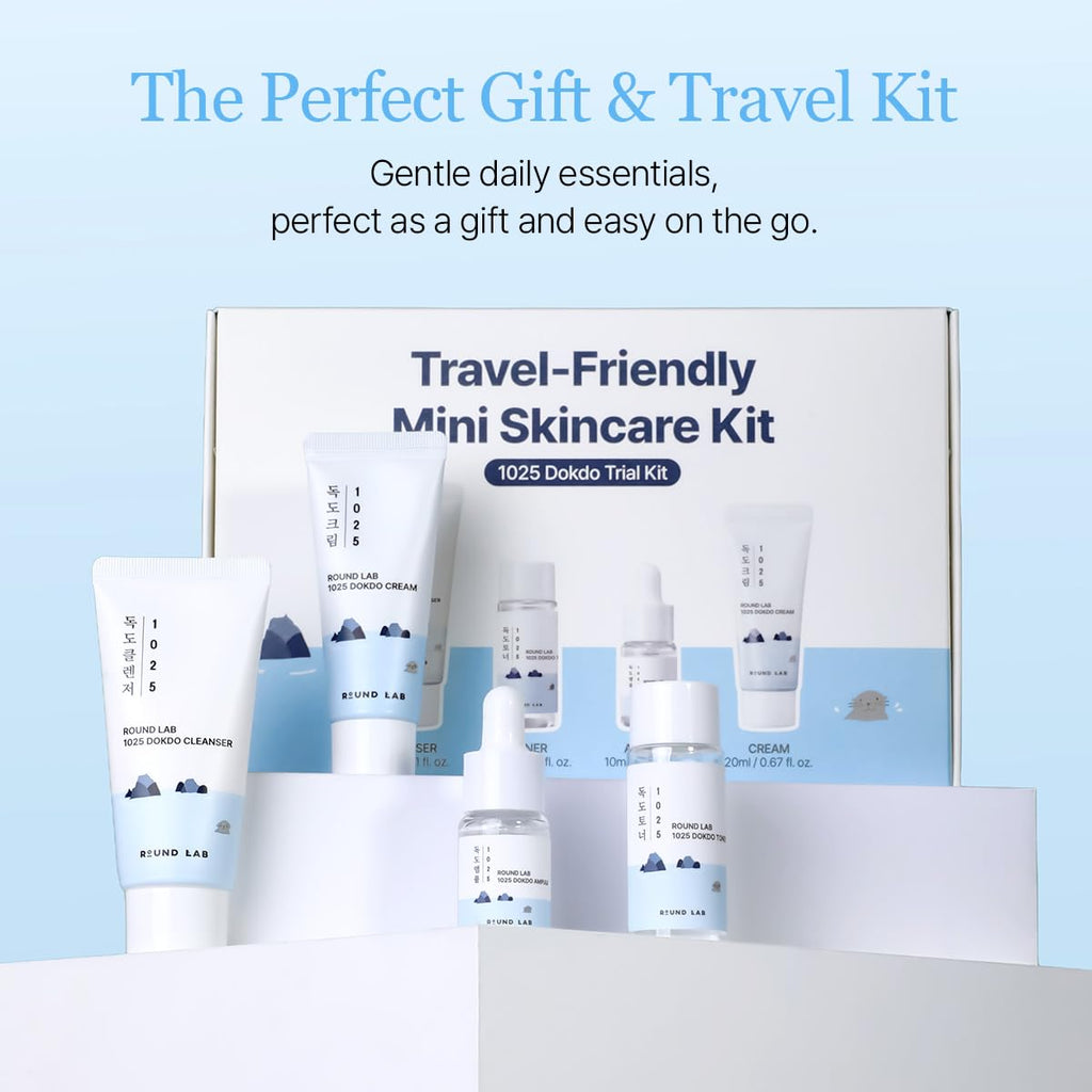 ROUND LAB 1025 Dokdo Hydrating Mini Size Kit – 4-Step Travel Skincare Set (Cleanser, Toner, Ampule, Cream)