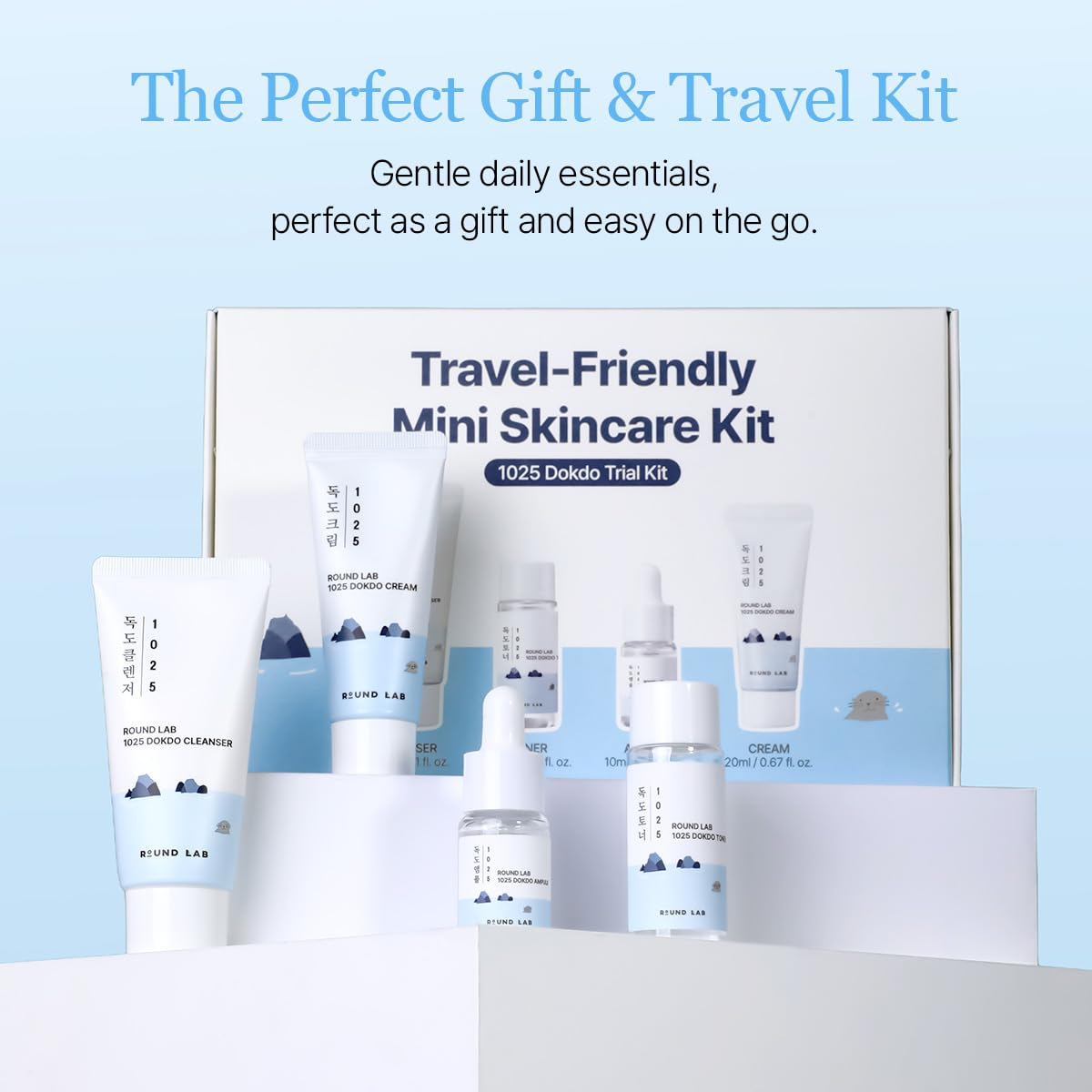ROUND LAB 1025 Dokdo Hydrating Mini Size Kit – 4-Step Travel Skincare Set (Cleanser, Toner, Ampule, Cream)